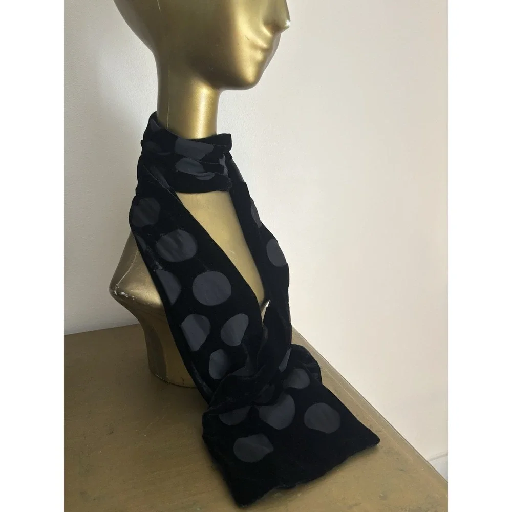 Sheer Black Velvet Circle Dots Skinny Scarf Silk and Rayon Etched Neck